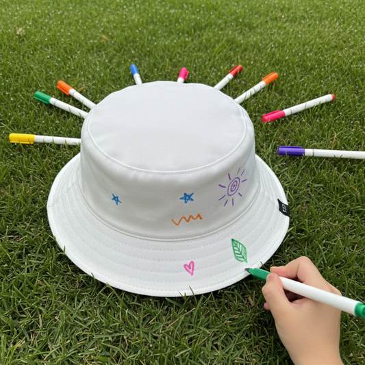 White bucket hat with colorful markers on a grassy background