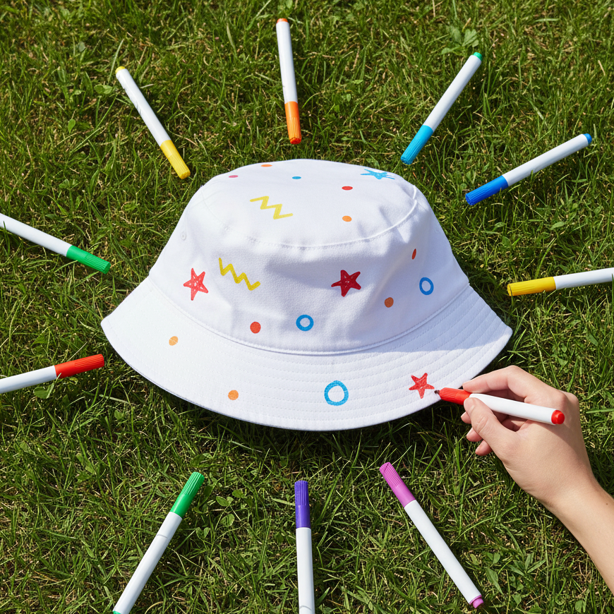 White bucket hat with colorful designs on a grassy background, surrounded by markers.
